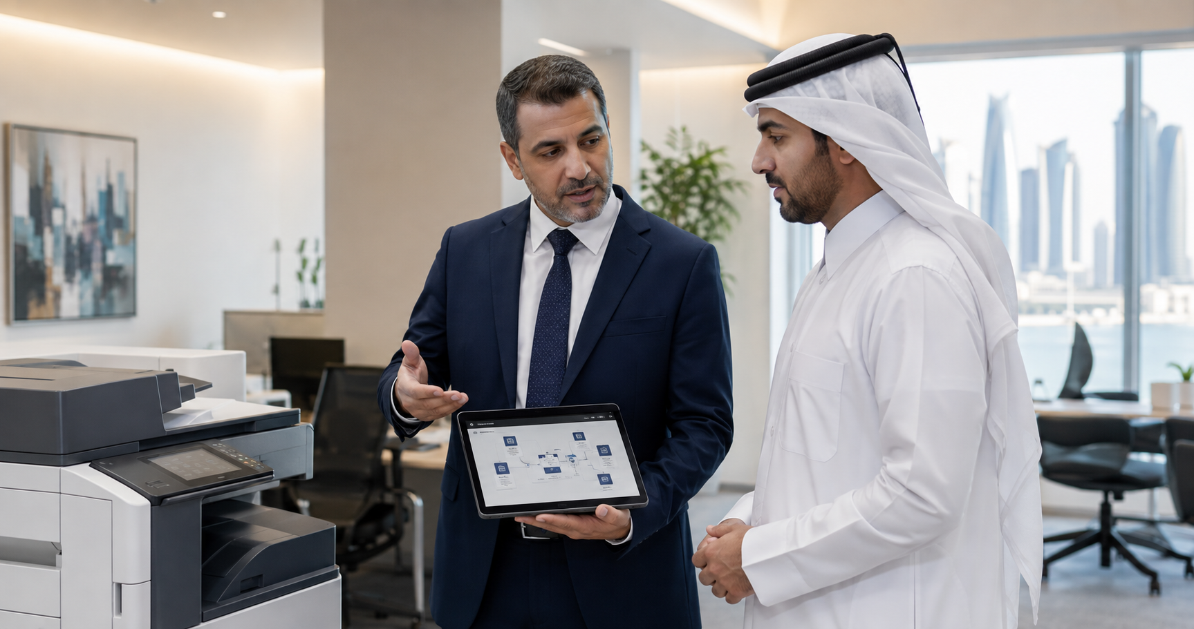 Print technology consultant discussing workflow planning with a Qatar business client